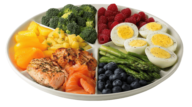 Divided plate presenting a healthy balanced diet with transparent background png