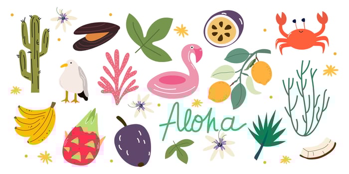 Cartoon summer stickers in retro style. Summer party, summer fruits, vacation, beach. summer elements vector