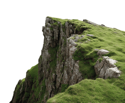 Scenic rocky cliff with lush green grass and rugged terrain png