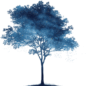 Beautiful silhouette of tree against cosmic night sky filled with stars, creating serene and magical atmosphere. deep blue hues enhance enchanting feel of scene png