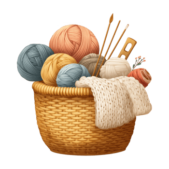 Cozy knitting basket filled with colorful yarn balls, knitting needles, and soft knitted piece, perfect for crafting enthusiasts. This captures warmth and creativity of knitting hobby png