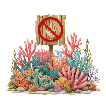 Colorful coral reef with no touch sign, emphasizing marine preservation and importance of protecting underwater ecosystems. vibrant corals and marine life create lively underwater scene png