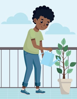 Boy watering potted plant on balcony vector