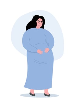 Pregnant woman feels pain, discomfort, holds her belly with her hands. Female is expecting a child. flat graphics. vector