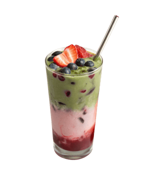 Strawberry and blueberry matcha iced latte with metal straw isolated on a transparent background drinks design png
