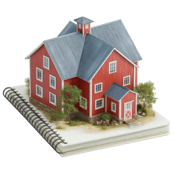 Miniature red barn model with grey roof on a spiral bound notebook diorama png