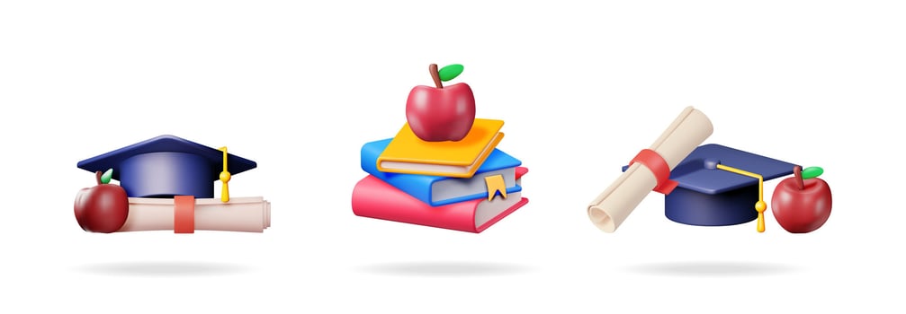 3d illustration set with graduation cap, certificate, stack of books, and apple for education concept. Isolated on white background with shadow. vector