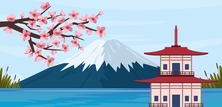 Landscape with pink cherry blossom, a mountain with a snowy peak and pagoda. Banner with sakura branch and Mount Fuji. illustration. vector