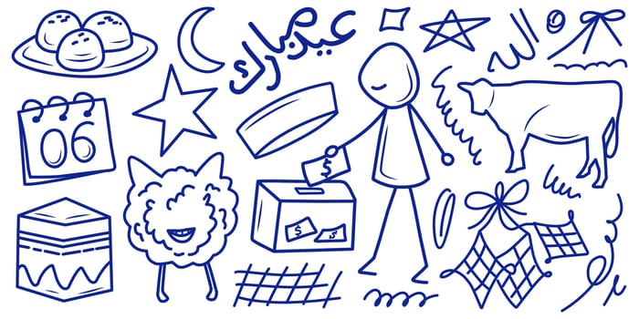 Illustration set of Eid al adha elements with man put money in box charity, scribble decorative elements for Arabic culture and religion. vector