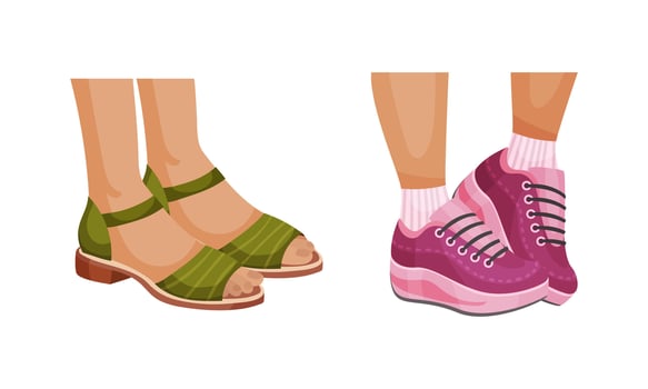 Set of female leegs in trendy shoes. Sandals and sneakers seasonal footwear in casual style illustration vector