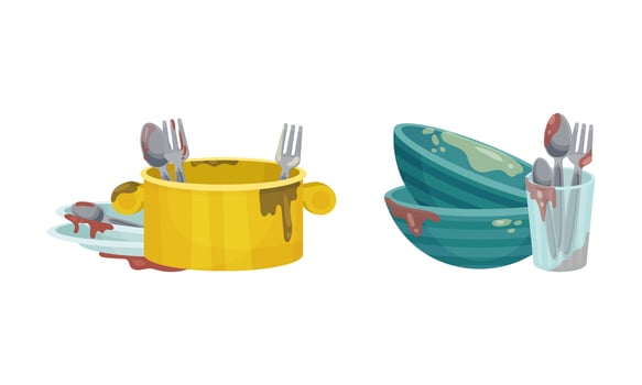 Dirty dishes set. Restaurant or household kitchenware utensils, unwashed bowls, saucepan, forks and spoons illustration vector