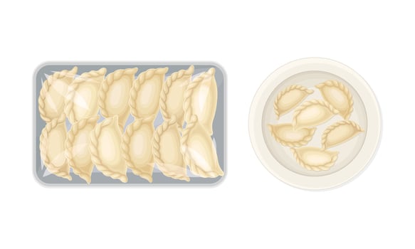 Set of uncooked dumplings on plates. Vareniki made of dough stuffed with meat or vegetables illustration vector