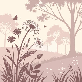 Serene meadow landscape with delicate daisies and butterflies amidst softly silhouetted trees vector