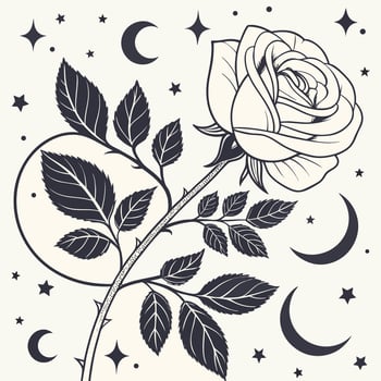 Elegant celestial rose with crescent moons and stars in a mystical black and white illustration vector