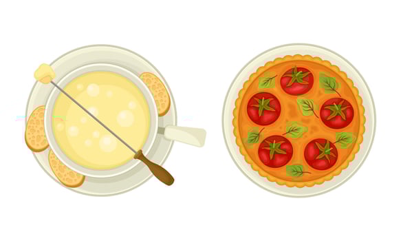 French cuisine traditional delicious food set. Tomato tart taten and cheese fondue illustration vector