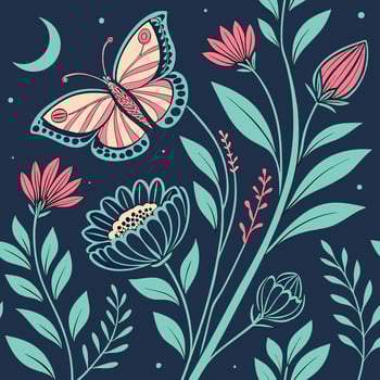 Whimsical butterfly and flowers under a crescent moon vector