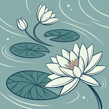 Elegant white water lilies floating on calm water with lily pads vector