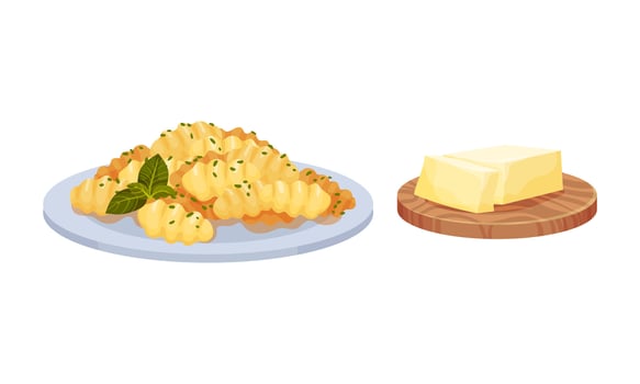 Cooked pasta served on plate and butter dairy product illustration vector