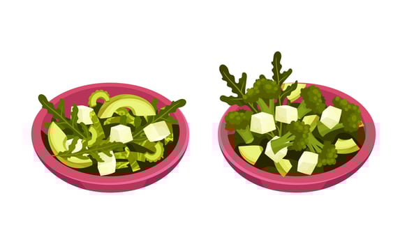 Fresh green vegetable salad on plates set. Fresh and healthy vegetarian food illustration vector