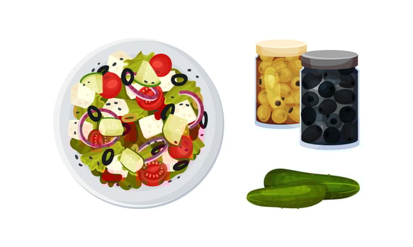 Greek salad served on plate. Olives in jars and cucumber cooking ingredients illustration vector