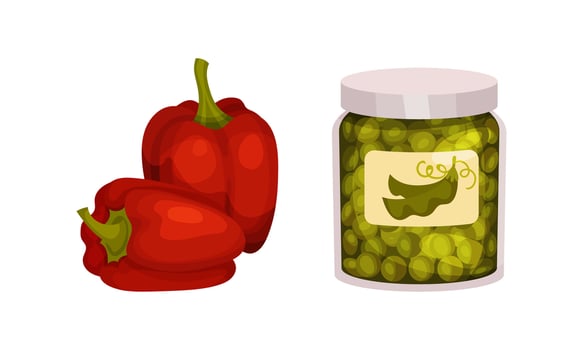 Red bell pepper and glass jar with greeen peas illustration vector