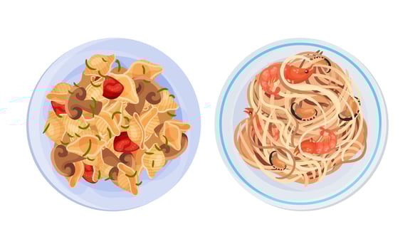 Cooked pasta dishes set. Top view of pasta with mushrooms and shrimps served on plates illustration vector