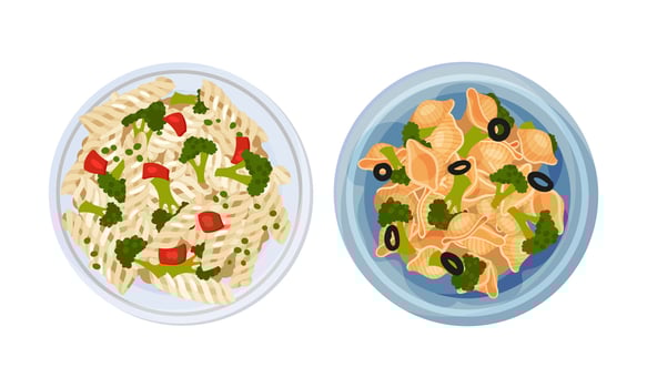 Cooked pasta dishes set. Top view of pasta with vegetables served on plates illustration vector