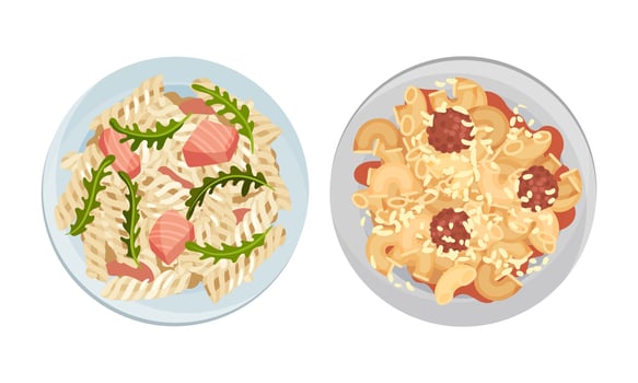 Cooked pasta dishes set. Top view of pasta with salmon fish and meatballs served on plates illustration vector