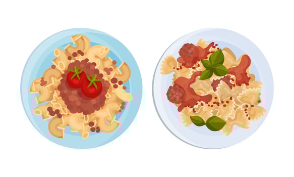 Cooked pasta dishes set. Top view of pasta with beans and meatballs served on plates illustration vector