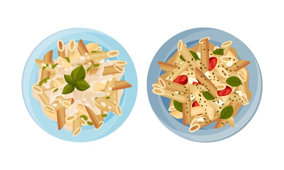 Top view of cooked pasta dishes served on plates illustration vector
