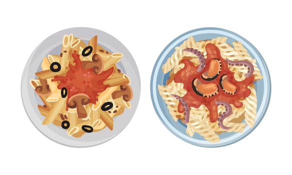 Cooked pasta dishes set. Top view of pasta with mushrooms and seafood served on plates illustration vector