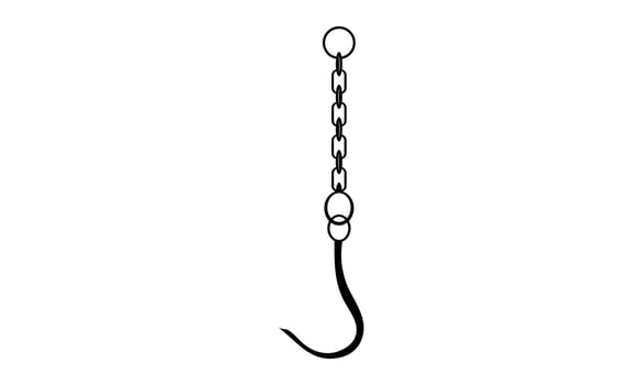 Hanging Hook Silhouette, black and white illustration of a fishing hook and chain silhouette, Meat Hanging Hook with Silhouette Isolated on White Background vector