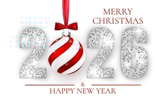 Christmas And New Year 2026 Greeting With Silver Glitter Numbers And Red Holiday Ornament On White Background. Elegant Festive Design For Cards And Invitations. Illustration vector