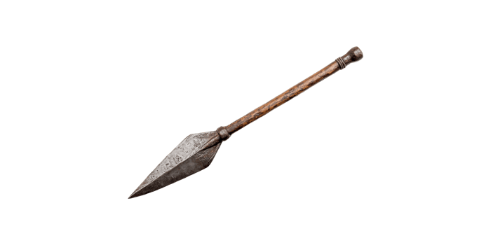 Ancient metal spearhead with wooden handle isolated on transparent background png