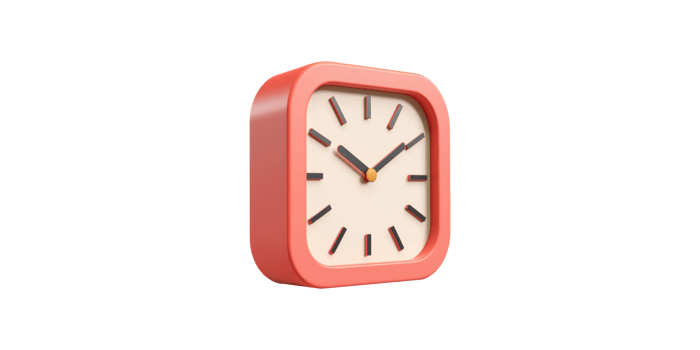 Red square wall clock showing time isolated on transparent background png