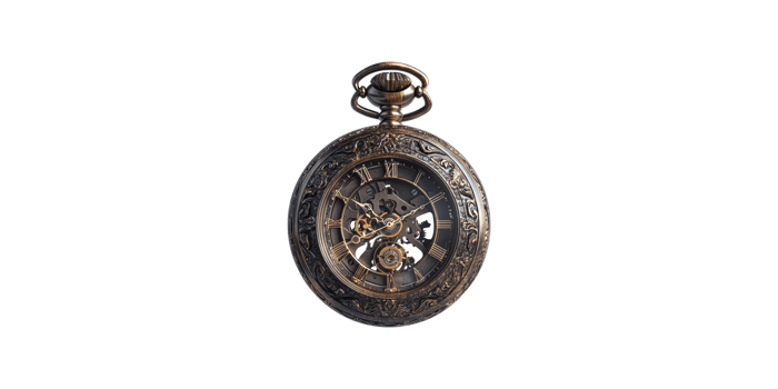 Antique pocket watch with visible mechanism isolated on transparent background png