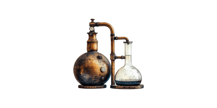 Vintage chemistry apparatus with rusted metal and glass flask isolated on transparent background png