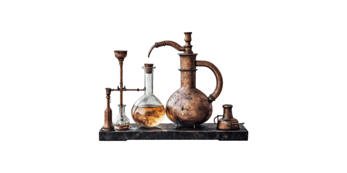 Antique chemistry apparatus with glassware and copper distiller isolated on transparent background png