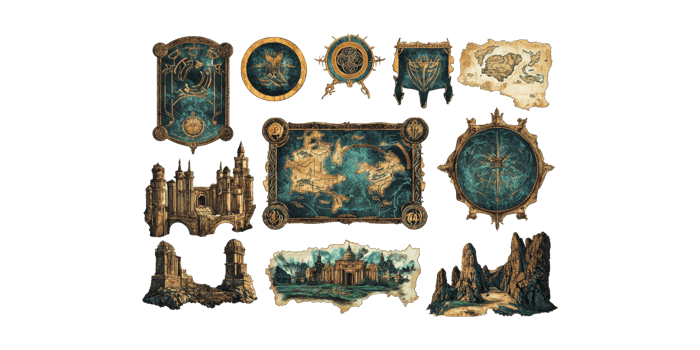 Vintage fantasy maps and castles collection isolated on transparent background png