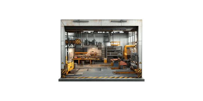 Industrial workshop with tools and equipment isolated on transparent background png