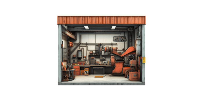Industrial workshop interior with machinery isolated on transparent background png