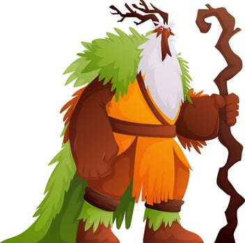 Forest Spirit with Staff and Antlers, A Cartoon Nature Guardian Illustration vector