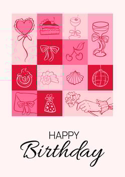 Happy Birthday greeting postcard with festive doodle icon. Cake, drink, and party sketch elements. Wedding, holiday, party decoration background. Coquette Aesthetic style. Elegant illustration. vector