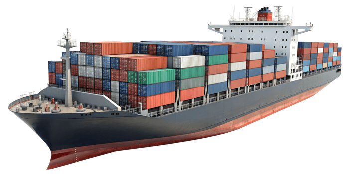 Large cargo ship carrying numerous colorful shipping containers across the ocean. Represents global trade, logistics, and international shipping png
