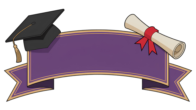 Graduation Cap and Diploma Banner Purple and Gold Template with Blank Text Space for School or College png