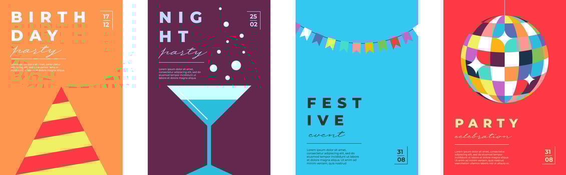Bright birthday card set with colorful garlands, cocktails and festive typography. Flat design for posters, greetings, invitations or celebration flyers. Fun and minimal party concept. vector