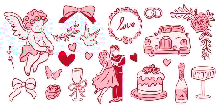 Beautiful and Romantic Wedding Illustrations Featuring Various Love Symbols and Themes vector
