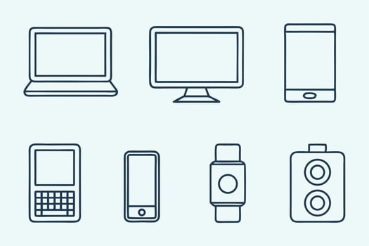 A set of electronic devices including a computer, phone, tablet, and watch vector