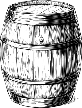 A black and white sketch-style illustration of a wooden barrel with metal bands, showing textured wood grain and a bung hole. vector