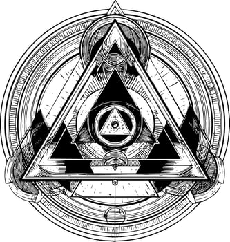 A black and white illustration featuring multiple overlapping triangles and circles, with an all-seeing eye motif at the top, surrounded by intricate geometric and symbolic elements vector